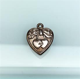 ,ANTIQUE PUFFY HEART WITH RIBBONS & HEARTS CHARM. STERLING SILVER. .75" LONG, .75" WIDE                                                     