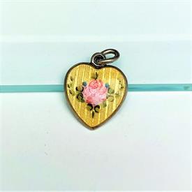 ,YELLOW GUILLOCHE ENAMEL WITH PINK ROSE ON STERLING SILVER HEART CHARM. .6" LONG, .5" WIDE                                                  
