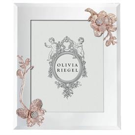 -,8X10" ROSE GOLD BOTANICA FRAME. MIRRORED GLASS WITH ROSE GOLD FINSHED BLOSSOMS WITH EUROPEAN CRYSTALS. MOIRE SILK BACK                    