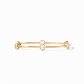 -,CLEAR CRYSTAL BANGLE. LIGHTLY HAMMERED 24K GOLD PLATED BANGLE EMBELLISHED WITH SIX CLEAR CRYSTALS. MEDIUM, 8" CIRCUMFERENCE               