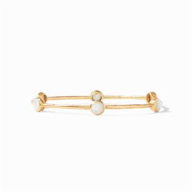 -,MOTHER OF PEARL BANGLE. LIGHTLY HAMMERED 24K GOLD PLATED BANGLE SET WITH SIX FACETED MOTHER OF PEARL PIECES. MEDIUM, 8" CIRCUMFERENCE     