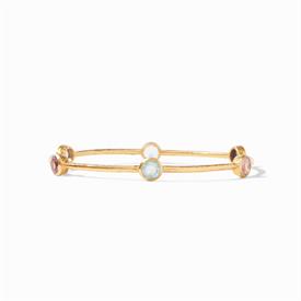 -,SMALL MULTI-STONE BANGLE. LIGHTLY HAMMERED 24K GOLD PLATED BANGLE SET WITH SIX ASSORTED GEMSTONES. SMALL, 7.5" CIRCUMFERENCE              