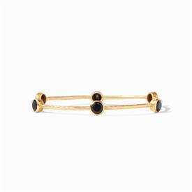 -,OBSIDIAN BLACK BANGLE. LIGHTLY HAMMERED 24K GOLD PLATED BANGLE SET WITH SIX FACETED GEMS. MEDIUM, 8" CIRCUMFERENCE                        