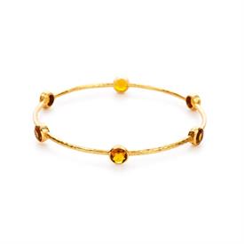 -,SMALL CITRINE YELLOW BANGLE. LIGHTLY HAMMERED 24K GOLD PLATED BANGLE SET WITH 6 FACETED GLASS GEMS. 7.5" CIRCUMFERENCE.                   