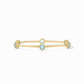 -,BAHAMIAN BLUE BANGLE. LIGHTLY HAMMERED 24K GOLD PLATED BANGLE SET WITH 6 GLASS GEMSTONES. SIZE MEDIUM - 8" CIRCUMFERENCE.                 
