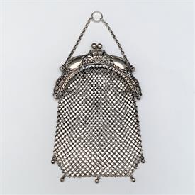 ,VICTORIAN ERA STERLING SILVER CLASP CHATELAIN PURSE WITH GARGOYLE MOTIF. UNKNOWN MAKER. 6.5" LONG, 4.2" WIDE, 7.25" CHAIN                  