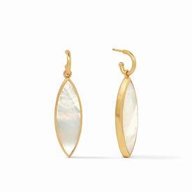 -,VENUS STATEMENT EARRINGS IN MOTHER OF PEARL. REMOVABLE MARQUIS SHAPED GEMSTONE ON A TEXTURED 24K GOLD PLATED HOOP. 2" LONG                