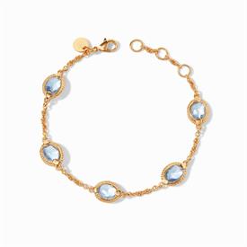 -,CHALCEDONY BLUE DELICATE BRACELET. FACETED OVAL GLASS GEMSTONE STATIONS IN A 24K GOLD PLATED CHEVRON SURROUND ON A SLENDER CHAIN. ADJUSTAB