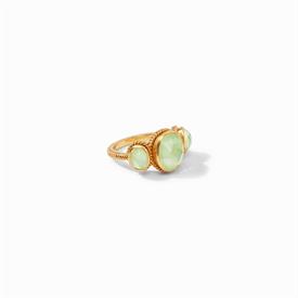 -,SEAGLASS GREEN RING. ROSE CUT OVAL GLASS GEMSTONES IN ELEGANT 24K GOLD PLATED SURROUND. SIZE 7.                                           