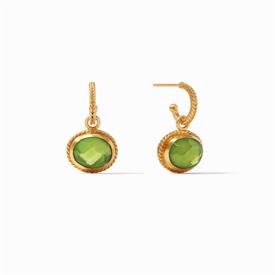 -,HOOP & CHARM EARRING IN IRIDESCENT JADE GREEN. REMOVABLE ROSE CUT GLASS GEM CHARM WITH 24K GOLD PLATED CHEVRON SURROUND. 1" LONG          