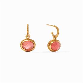 -,HOOP & CHARM EARRING IN IRIDESCENT ROUGE. REMOVABLE ROSE CUT GLASS CHARM IN 24K GOLD PLATED CHEVRON SURROUND ON HOOP. 1" LONG             