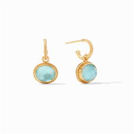 -,HOOP & CHARM EARRINGS IN IRIDESCENT BAHAMIAN BLUE. REMOVABLE CHARMS WITH ROSE CUT GLASS GEMS ON 24K GOLD PLATED HOOP. 1" LONG             