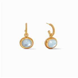 -,HOOP & CHARM EARRINGS IN IRIDESCENT SLATE BLUE. REMOVABLE ROSE CUT GLASS GEM CHARMS ON 24K GOLD PLATED HOOPS. 1" LONG                     