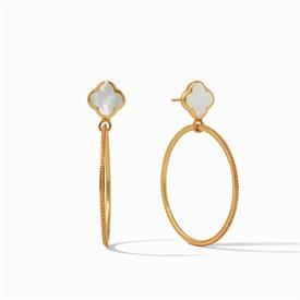-,MOTHER OF PEARL CIRQUE EARRING. LIGHTWEIGHT STATEMENT EARRING WITH GEMSTONE 'FLOWER' ATOP A 24K GOLD PLATED HOOP. 2" LONG                 