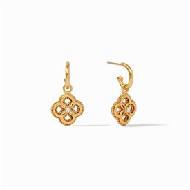 -,HOOP & CHARM EARRING. REMOVABLE 24K GOLD PLATED INTERLOCKING PETAL DESIGN CHARMS WITH PEARL ACCENTS ON CLASSIC HOOP. 1.25" LONG           