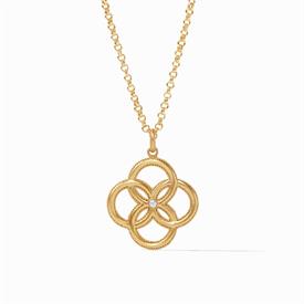 -,PENDANT. 24K GOLD PLATED INTERLOCKING PETAL WITH PEARL ACCENT PENDANT ON 36" LONG CHAIN, WHICH DOUBLES UP FOR 18" LONG STRANDS.           