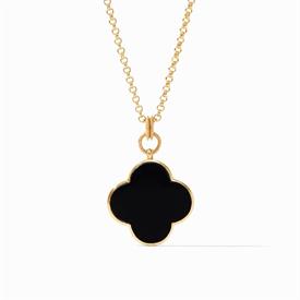 -,OBSIDIAN BLACK STATEMENT PENDANT. INTERLOCKING 24K GOLD PLATED PETALS WITH OVERSIZE GEMSTONE BACK. 34" CHAIN DOUBLES TO 17"               