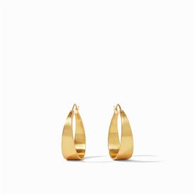 -,MEDIUM HOOPS. CLASSIC 24K GOLD PLATED HOOP ELEGANTLY CURVES FROM WIDE TO NARROW IN A FLATTERING SHAPE. MEDIUM, 1.25"                      