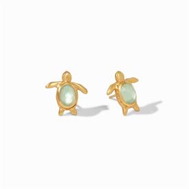 -,IRIDESCENT SEAGLASS GREEN STUD EARRINGS. 24K GOLD PLATED TURTLE WITH GLASS GEM CENTER. .5" LONG                                           