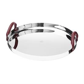 -STAINLESS STEEL ROUND TRAY WITH LEATHER HANDLES. 15.75" WIDE                                                                               