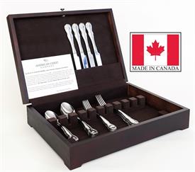 -$,CANADIAN WOODS FLATWARE CHEST. DARK MAHOGANY FINISHED SOLID BASSWOOD. HOLDS SERVICE FOR 12. MADE IN CANADA.                              