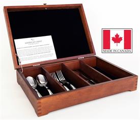 -$,CANADIAN DIVIDED ANTIQUED PINE FLATWARE CHEST. SOLID MAPLE WITH PINE FINISH. FOUR COMPARTMENTS HOLD UP TO SERVICE FOR 24. MADE IN CANADA 