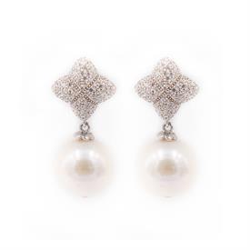 -,KATIE EARRINGS IN SILVER & WHITE PEARL. RHODIUM PLATED STERLING SILVER WITH WHITE TOPAZ & WHITE PEARL. POST BACK. 1.2" LONG               