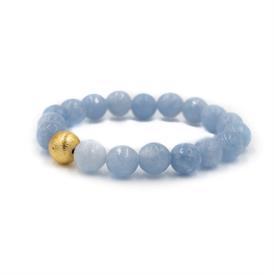 -,BROOKE BRACELET IN BABY BLUE. DYED JADE BEADS WITH 22K GOLD PLATED BRASS ACCENT BEAD ON ELASTIC BAND. 10MM BEADS.                         