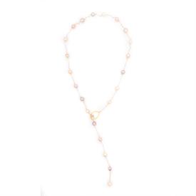 -,ANGELA LARIAT NECKLACE IN ROSE. ROSE FRESHWATER PEARLS ON AN ADJUSTABLE 14K GOLD PLATED BRASS CHAIN. 38" TOTAL LENGTH                     