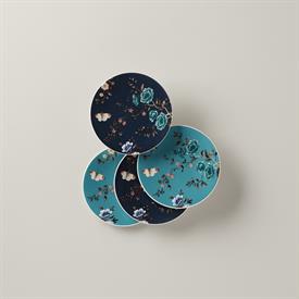 -NAVY & TURQUOISE SET OF 4 TIDBIT PLATES. 6" WIDE. DISHWASHER & MICROWAVE SAFE. BREAKAGE REPLACEMENT AVAILABLE. MSRP $65.00                 