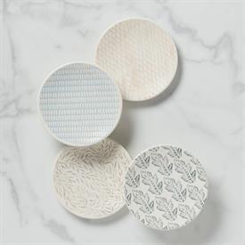 -ASSORTED SET OF 4 TIDBIT PLATES. 6.25" WIDE. DISHWASHER & MICROWAVE SAFE. BREAKAGE REPLACEMENT AVAILABLE. MSRP $72.00                      