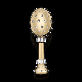 -,GOLD 'JOY OF GENESIS' DECORATIVE BABY RATTLE IN CUSTOM DISPLAY CASE. NOT FOR USE. FEATURES SWAROVSKI CRYSTALS.                            