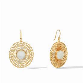-,IRIDESCENT CLEAR LACE EARRINGS. A RADIANT ROSE CUT GLASS GEMSTONE SET IN A 24K GOLD PLATED CUTOUT OF SHINING BEAMS. 1.75" LONG            