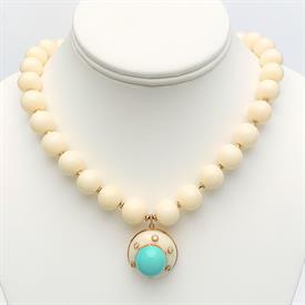 ,VINTAGE 14K GOLD, ANGEL SKIN CORAL, DIAMOND & TURQUOISE NECKLACE. 12MM CORAL BEADS. 16.75" LONG, 90.97 GRAMS                               