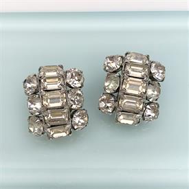 ,SIGNED EISENBERG CLEAR RHINESTONE CLIP-ON EARRINGS. CA. 1950'S-1960'S. .9" LONG, .75" WIDE                                                 