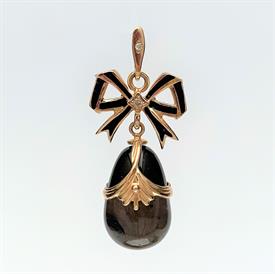 ,VINTAGE RUSSIAN 14K GOLD, SMOKY QUARTZ, BLACK ENAMEL & DIAMOND EGG PENDANT. 1.45" LONG, .75" WIDE, 6.1 GRAMS                               