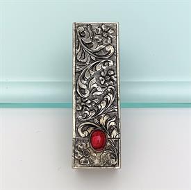 ,.800 ITALIAN SILVER ETCHED LIPSTICK COMPACT WITH FLORAL MOTIF, RED GLASS CABOCHON & MIRROR. 2.25" LONG, .75" WIDE                          