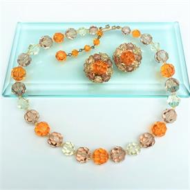 ,1950'S MARVELLA ORANGE, YELLOW & TOPAZ CRYSTAL NECKLACE & CLIP-ON EARRING SET. NECKLACE, 14"-16" LONG. EARRINGS, 1" WIDE                   