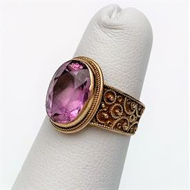 ,VICTORIAN ERA 13K GOLD & NATURAL AMETHYST ETRUSCAN REVIVAL STYLE RING. US SIZE 4.5. 1MM X 7MM STONE. 2.7 GRAMS                             