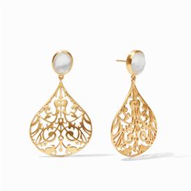 -,CHANTILLY EARRINGS IN IRIDESCENT CLEAR CRYSTAL. 24K GOLD PLATED FILIGREE DROPS WITH FACETED GLASS GEMS. 2" LONG                           