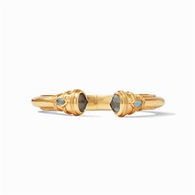 -,DEMI HINGE CUFF IN IRIDESCENT SLATE BLUE. 24K GOLD PLATED CUFF WITH ROPE DETAILS & FACETED GLASS GEMS. ONE SIZE.                          