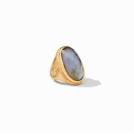 -,CASSIS STATEMENT RING IN IRIDESCENT SLATE BLUE. FACETED GLASS GEM ON A MOTHER OF PEARL DOUBLET WITH PEARL ACCENTS IN 24K GOLD PLATE. SZ. 8