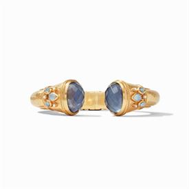 -,HINGE CUFF IN IRIDESCENT SLATE BLUE. 24K GOLD PLATED LIGHTLY HAMMERED CUFF WITH FACETED GLASS GEMS & PEARL ACCENTS. ONE SIZE.             