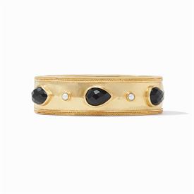 -,CASSIS STATEMENT HINGE BANGLE IN OBSIDIAN BLACK. LUXURIOUSLY 24K PLATED WIDE BANGLE WITH PEAR GEMS & FRESHWATER PEARLS. ONE SIZE FITS MOST