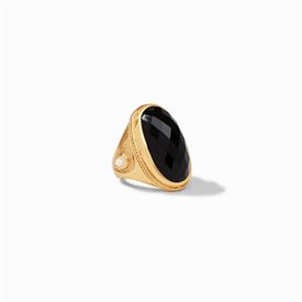 -,STATEMENT RING IN OBSIDIAN BLACK. OVAL FACETED GLASS GEM WITH PEARL ACCENTS IN 24K GOLD PLATED SHANK. SIZE 7                              