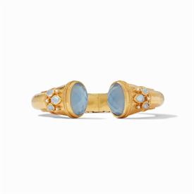 -,HINGE CUFF IN IRIDESCENT CHALCEDONY BLUE. SPARKLING ROSE CUT GLASS GEMSTONE ENDCAPS IN A WIRE ACCENTED 24K GOLD PLATED BRACELET. ONE SIZE 