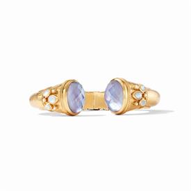 -,HINGE CUFF BRACELET IN IRIDESCENT LAVENDER. ROSE CUT GLASS GEM ENDCAPS ACCENTED WITH PEARLS IN A 24K GOLD PLATED BRACELET. ONE SIZE       