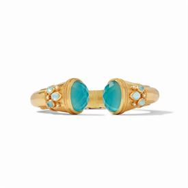 -,HINGE CUFF IN IRIDESCENT BAHAMIAN BLUE. 24K GOLD PLATED CUFF WITH SPARKLING ROSE-CUT ENDCAPS ACCENTED WITH PEARLS. 2.5" DIAMETER          