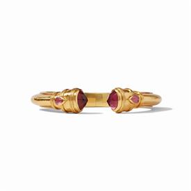-,DEMI HINGE CUFF IN IRIDESCENT RUBY RED. 24K GOLD PLATED BRACELET WITH ROSE-CUT GLASS GEM ENDCAPS. 2.5" DIAMETER                           