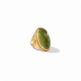 -,STATEMENT RING IN IRIDESCENT JADE GREEN. 24K GOLD PLATED & GLASS GEM RING WITH MOTHER OF PEARL ACCENTS. US SIZE 7.                        